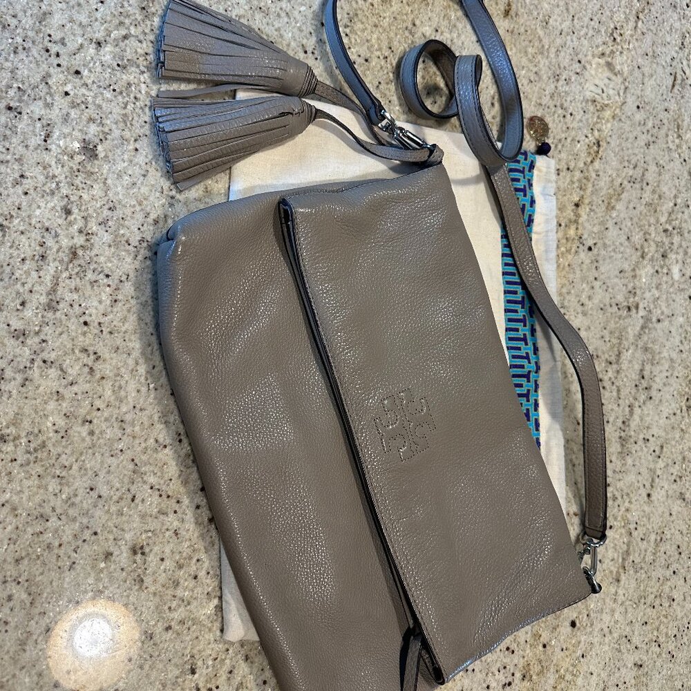 Tory Burch Thea Fold-Over Messenger Bag, taupe leather